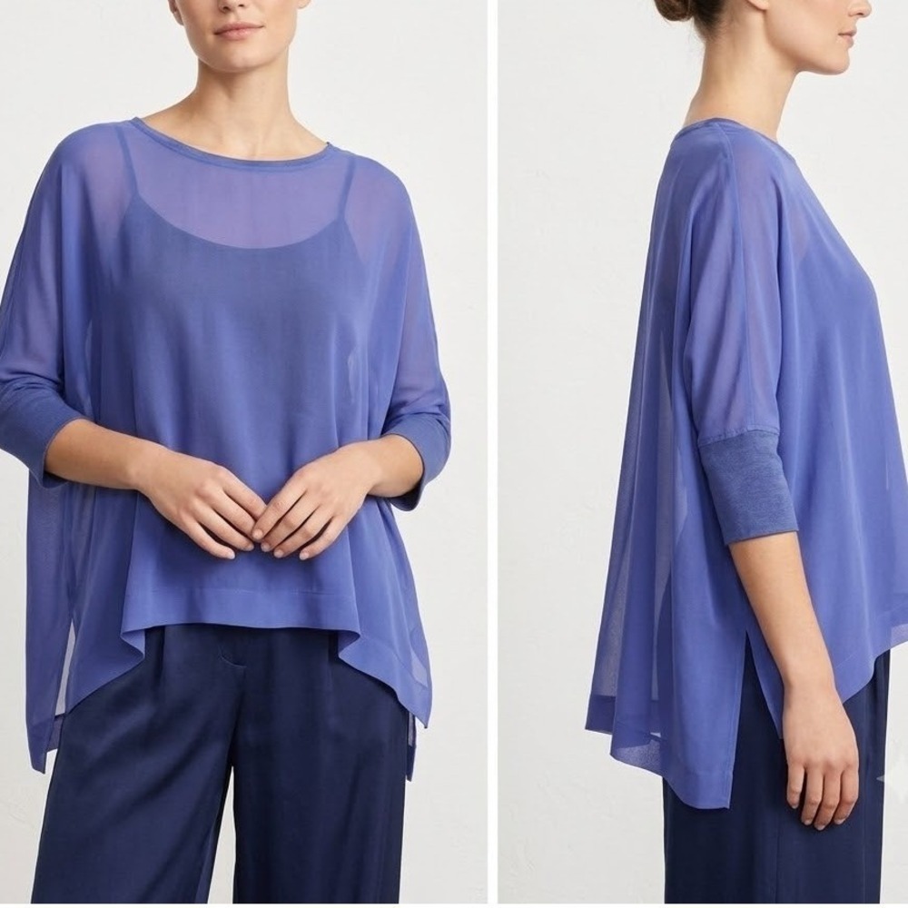 Eileen Fisher XS Blue Silk Chiffon Boxy Cropped Dolman Sleeve Top Knit Trim Luxy